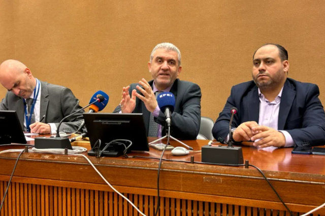 Lebanese Labour Minister Moustafa Bayram addresses the International Labour Organization in Geneva Switzerland on Nov 6 2024 AP-Yonhap