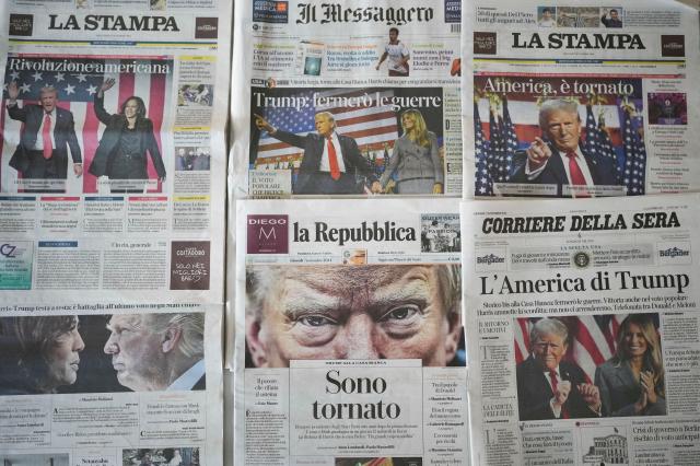 A view of the front pages of Italian newspapers reporting on Trumps win Nov 7 2024 AFP-Yonhap