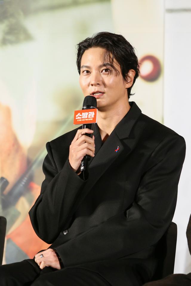 Actor Joo Won speaks during a press conference for The Firefighters at CGV IPark Mall in Yongsan-gu Seoul on Nov 8 2024 AJP Kim Dong-woo