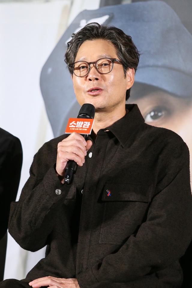 Actor Yoo Jae-myung speaks during a press conference for The Firefighters at CGV IPark Mall in Yongsan-gu Seoul on Nov 8 2024 AJP Kim Dong-woo