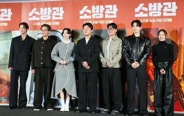  Actors Joo Won Kwak Do-won Lee Yoo-young Kim Min-jae Oh Dae-hwan Lee Jun-hyuk and Jang Young-nam pose during a press conference for a press conference at CGV IPark Mall in Yongsan-gu Seoul on Nov 8 2024 AJP Kim Dong-woo