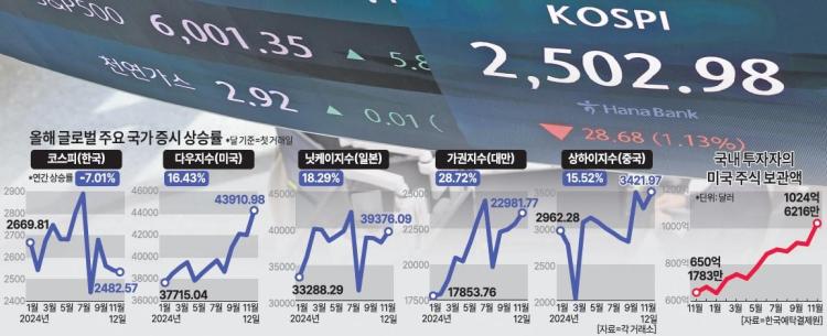 올해 글로벌 주요 국가 증시 상승률국내 투자자 미국 주식 보관액