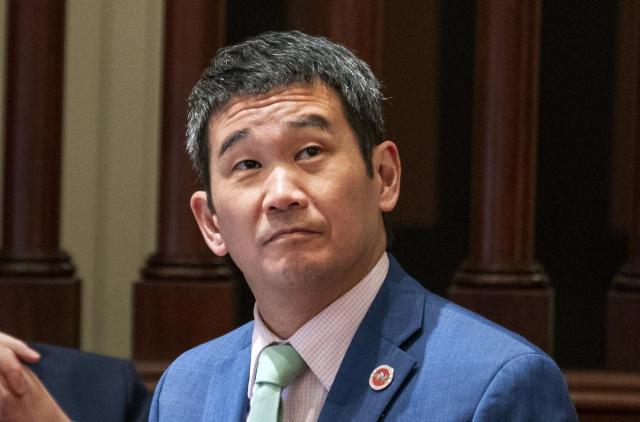 State Senator Dave Min listens as legislators debate a bill on the Senate floor at the California State Capitol in Sacramento on July 10 2023 AP-Yonhap