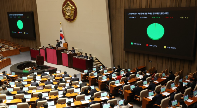 14일 국회 본회의에서 성폭력범죄의 처벌 등에 관한 특례법 일부개정법률안이 통과되고 있다 사진연합뉴스