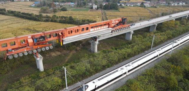 The installation site of box girders for a high-speed railway connecting Shanghai and Hefei is seen in this aerial drone photo taken on Nov 10 2024Xinhua-Yonhap