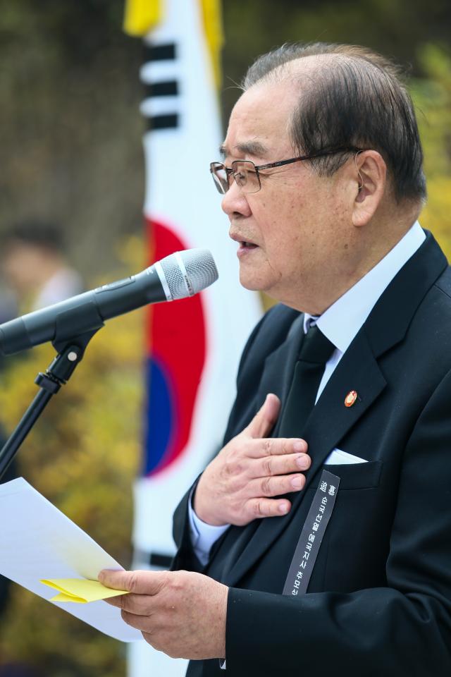 Liberation Association President Lee Jong-chan delivers opening remarks during a memorial ceremony for independence activists at Seoul National Cemetery in Seoul on Nov 15 2024 AJP Kim Dong-woo