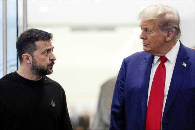 Then-Republican presidential candidate Donald Trump meets with Ukraines President Volodymyr Zelenskyy at Trump Tower in New York on Sept 27 2024 AP-Yonhap