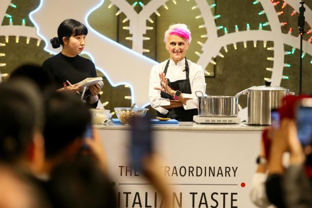 Italian Michelin-starred chef Cristina Bowerman speaks during a cooking demonstration at the Week of Italian Cuisine event in Seoul on Nov 20 2024 AJP Kim Dong-woo