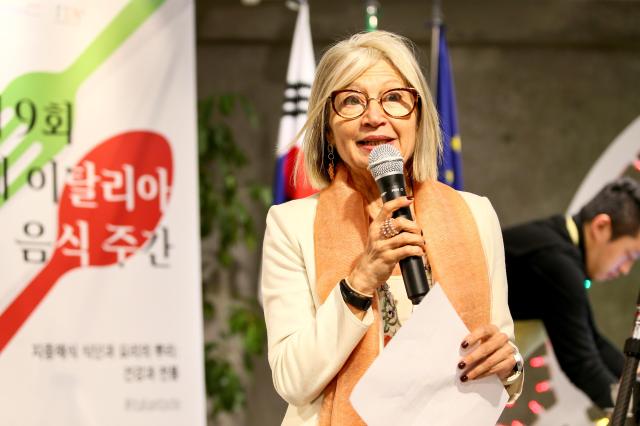 Italian Ambassador to Korea Emilia Gatto delivers remarks during the Week of Italian Cuisine event in Seoul on Nov 20 2024 AJP Kim Dong-woo