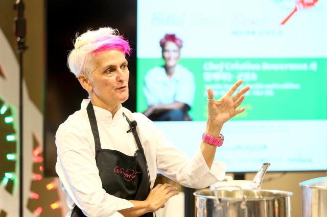 Italian Michelin-starred chef Cristina Bowerman speaks during a cooking demonstration at the Week of Italian Cuisine event in Seoul on Nov 20 2024 AJP Kim Dong-woo