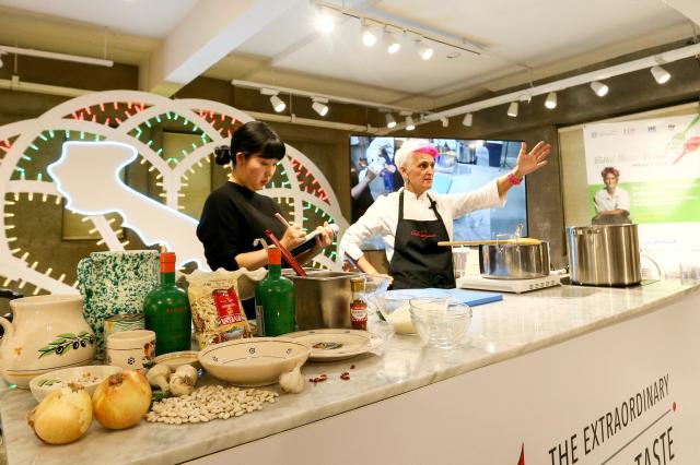 Italian Michelin-starred chef Cristina Bowerman speaks during a cooking demonstration at the Week of Italian Cuisine event in Seoul on Nov 20 2024 AJP Kim Dong-woo