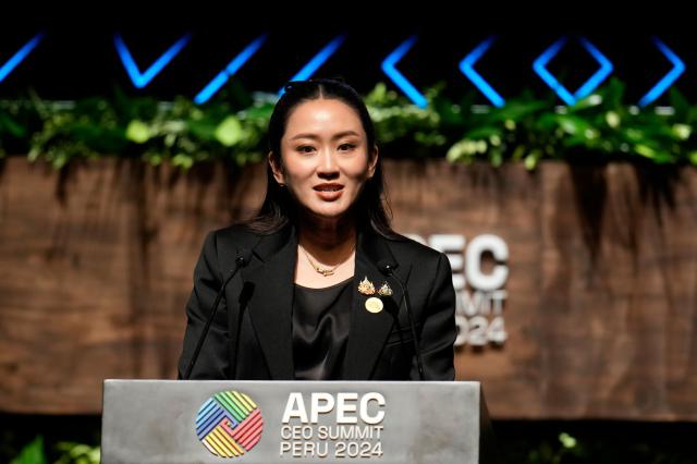 Thailands Prime Minister Paetongtarn Shinawatra speaks during the Asia-Pacific Economic Cooperation APEC summit in Lima Peru Nov 15 2024 AP-Yonhap