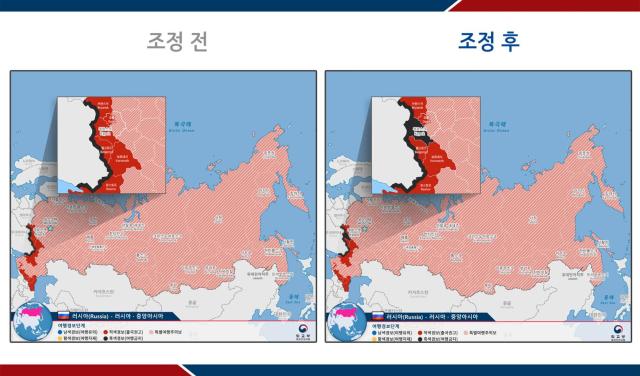 러시아 쿠르스쿠주 여행경보단계 조정 전후지도 사진외교부