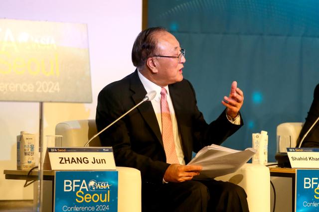 BFA Secretary General Zhang Jun moderates a session titled Towards a Shared Future during the Boao Forum for Asia Seoul Conference at Four Seasons Hotel in Seoul on Nov 22 2024 AJP Kim Dong-woo