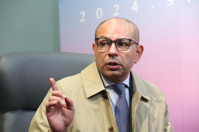 
Colombian Ambassador to Seoul Alejandro Pelaez Rodriguez speaks with a reporter at the opening ceremony of an exhibition in Seoul Korea on Nov 21 2024 AJP Han Jun-gu