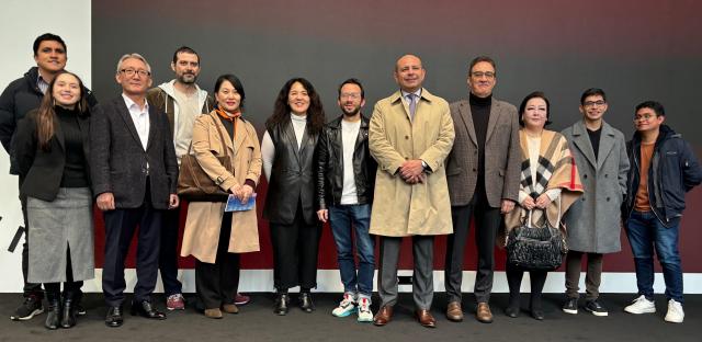 The ambassador officials from the Colombian Embassy and the Korea Foundation pose for a photo at the opening ceremony of an exhibition in Seoul Korea on Nov 22 2024  AJP Han Jun-gu