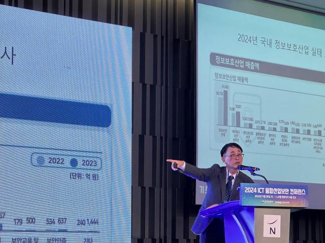 박춘식 아주대 교수는 26일 노보텔 강남 삼페인홀에서 열린 2024 ICT 융합산업보안 컨퍼런스 기조연설에서 발표하고 있다 사진박진영 기자