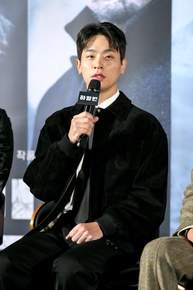 Actor Park Jung-min speaks during a production presentation for the film Harbin in Seoul on Nov 27 2024 AJP Kim Dong-woo