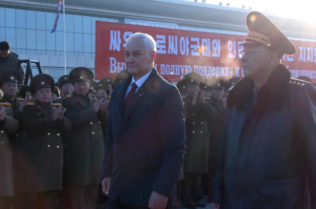 Russian Defense Minister Andrei Belousov left arrives at Pyongyang International Airport in North Korea on Nov 29 2024 Russian Defense Press service via AP - Yonhao