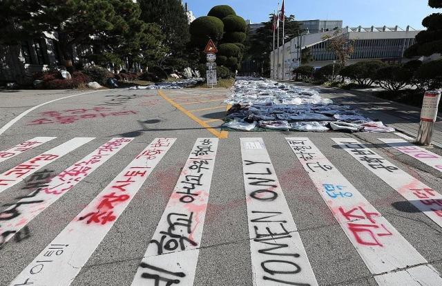 11월 25일 서울 성북구 동덕여대 캠퍼스에 남녀공학 전환 반대를 주장하는 래커칠이 돼있다 동덕여대가 남녀공학 전환 논의를 중단하기로 하며 학생들의 시위는 일단락되는 모습이지만 래커칠 등 시위로 인한 학교 측 피해 보상 문제로 의견 대립 중이다 사진연합뉴스