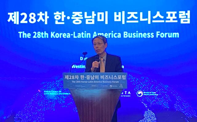 President of the Korean Council on Latin America and the Caribbean KCLAC Han Byung-kil delivers a congratulatory message at the Westin Josun Seoul Korea on Dec 2 2024 Courtesy of the Korean Council on Latin America and the Caribbean KCLAC