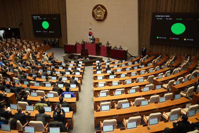 Tại phiên họp toàn thể của Quốc hội ở Yeouido Seoul vào sáng sớm ngày 4 các nhà lập pháp từ đảng cầm quyền và phe đối lập đã bỏ phiếu thông qua một nghị quyết yêu cầu dỡ bỏ thiết quân luật với 100 phiếu ủng hộ 190190 phiếu ẢnhYonhap News