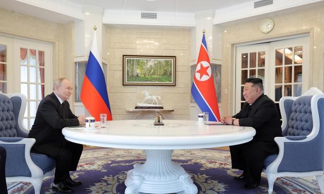 Russian president Vladimir Putin andd North Korean leader Kim Jong-un have a meeting in Pyeongyang North Korea on Nov19 2024 Courtesy of 