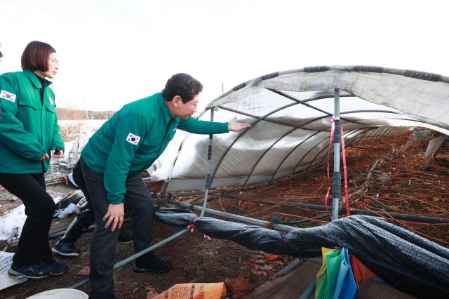 이상일 시장이 폭설 피해 농장에 방문해 피해상황을 점검하고 있다사진용인시