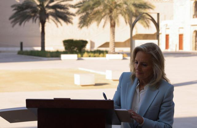 US First Lady Jill Biden signs the guestbook during her visit to Qasr Al Hosn in Abu Dhabi United Arab Emirates on Dec 5 2024 Reuters-Yonhap