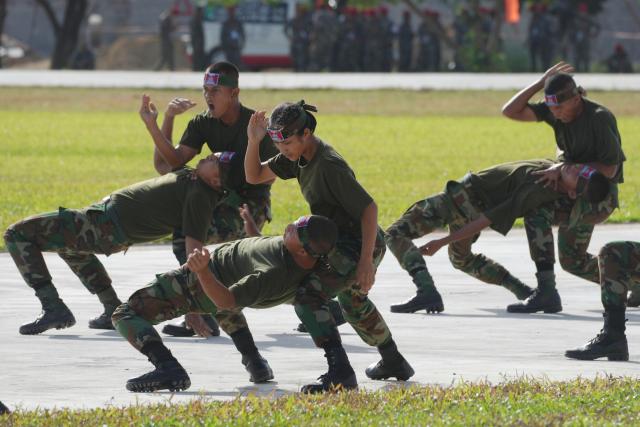 In Kampong Chhnang province Cambodian troops demonstrate military capabilities with Laos and Viet Nam on Nov 25 2024 AP-Yonhap