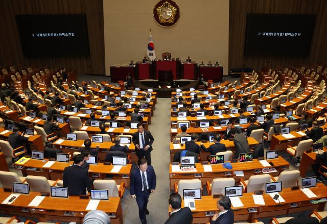 더불어민주당 이재명 대표가운데가 7일 오후 국회 본회의에서 윤석열 대통령의 탄핵소추안에 대해 투표한 뒤 자리로 향하고 있다 사진연합뉴스