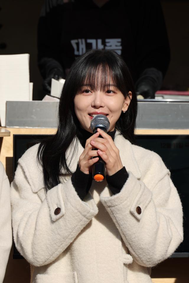 Actor Kang Han-na speaks during the About Family movie release dumpling truck event in Seoul on Dec 10 2024 AJP Han Jun-gu