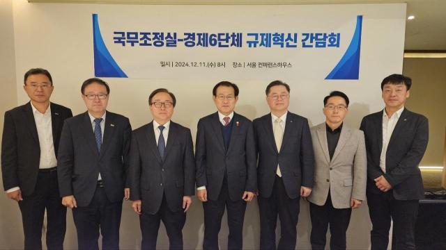 왼쪽부터 박성환 한국무역협회 무역진흥본부장 정윤모 중소기업중앙회 상근부회장 이동근 한국경영자총협회 상근부회장 남형기 국무조정실 국무2차장 박일준 대한상공회의소 상근부회장 이호준 한국중견기업연합회 상근부회장 이상호 한국경제인협회 경제산업본부장이 기념촬영을 하고 있다 사진경총