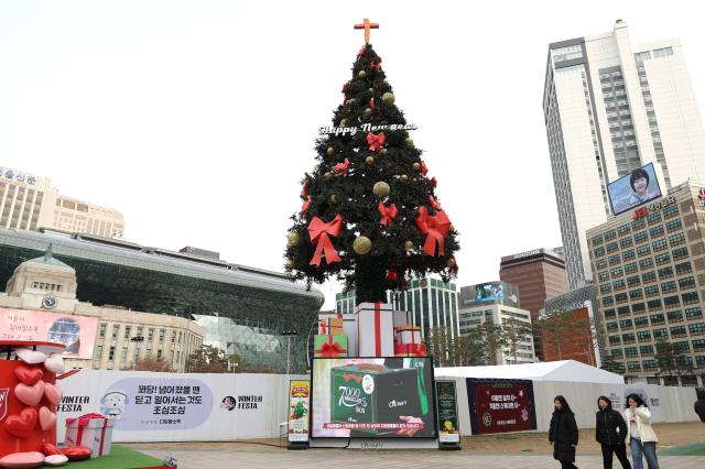 A Christmas tree stands at near Seoul City Hall Dec 13 2024 AJP Han Jun-gu