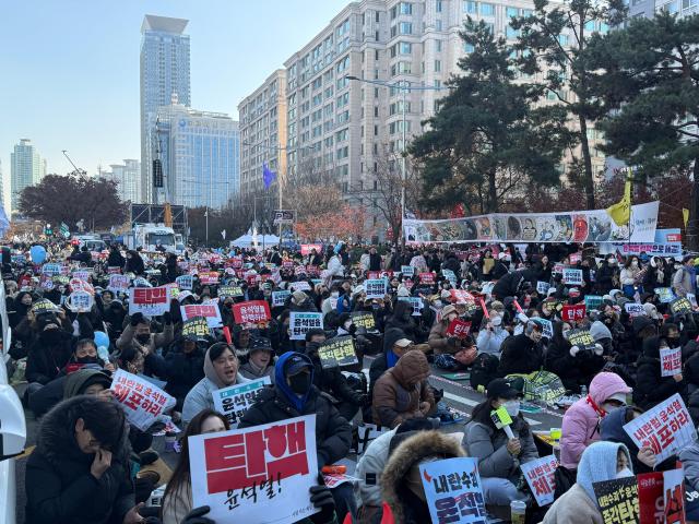 14일 여의도 국회의사당 앞에서 시민들이 윤석열 대통령 탄핵 시위를 하고 있다 사진송승현 수습기자