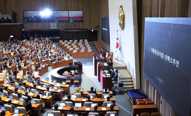 우원식 국회의장이 지난 14일 오후 국회 본회의에서 윤석열 대통령 탄핵소추안에 대한 가결을 선포하고 있다 사진연합뉴스