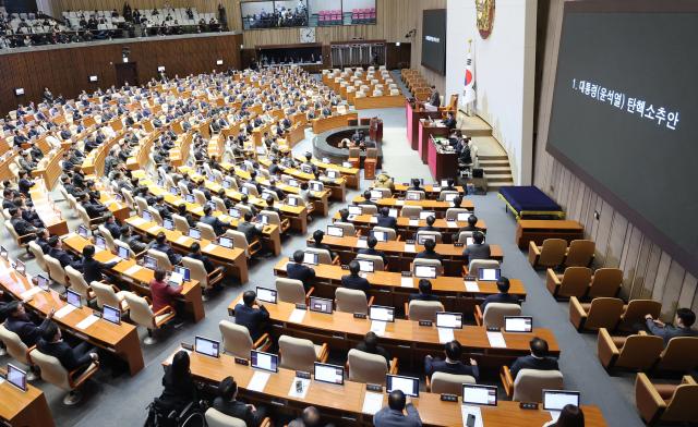 우원식 국회의장이 14일 오후 국회 본회의에서 윤석열 대통령 탄핵소추안을 상정하고 있다 사진연합뉴스