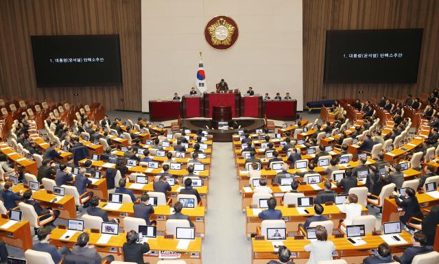 가결 우원식 국회의장이 지난 14일 오후 국회 본회의에서 윤석열 대통령 탄핵소추안을 가결하고 있다사진연합뉴스