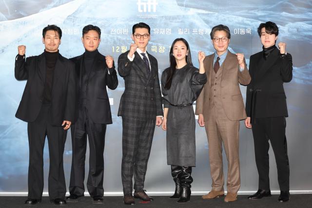 From left Actors Park Hoon Jo Woo-jin Hyun Bin Jeon Yeo-been Yoo Jae-myung and Lee Dong-wook pose for photo at a press conference for Harbin at CGV in Yongsan Seoul Dec 18 2024 AJP Han Jun-gu