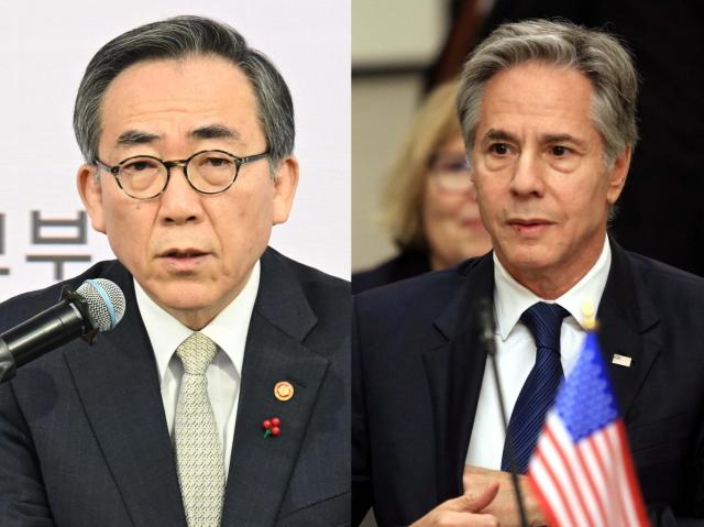 South Korean Foreign Minister Cho Tae-yul right and US Secretary of State Antony Blinken Yonhap-EPA