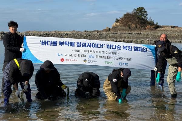  롯데칠성음료가 이달 초 충청남도 태안군에서 해양경찰청 환경재단 한국수산자원공단과 함께 맑고 깨끗한 바다 조성을 위한 잘피 이식 사업을 진행했다
사진롯데칠성음료