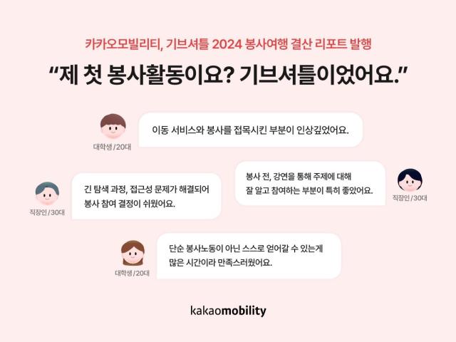 카카오모빌리티는 기브셔틀 2024 봉사여행 결산 리포트를 발행하고 내년도 봉사 테마에 대한 의견을 받기 위한 이용자 이벤트도 진행한다 사진카카오모빌리티