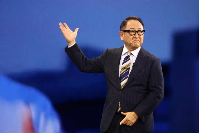 Toyota Motor Chairman and Master Driver Akio Toyoda speaks during the 2025 International CES at the Mandalay Bay Convention Center in Las Vegas Nevada Jan 6 2025 UPI-Yonhap