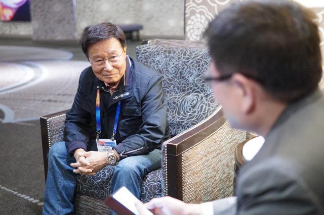 Samkoo INC chairman Koo Ja-kwan speaks during an interview with Aju Business Daily in the MGM Grand Hotel in Las Vegas Jan 7 2024 Aju Business Daily