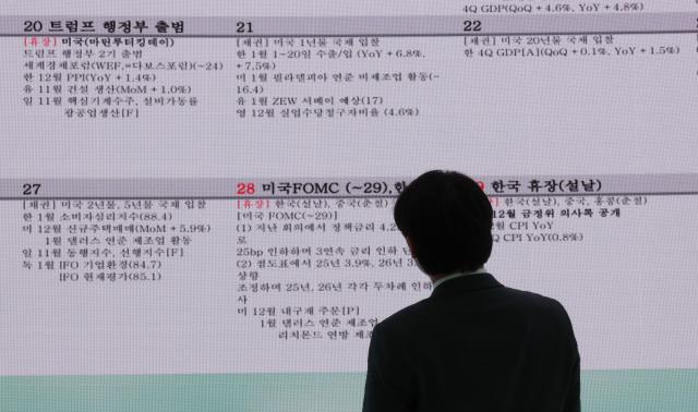 17일 오후 서울 중구 하나은행 본점 딜링룸에 1월 경제지표 캘린더가 표시되고 있다 사진연합뉴스