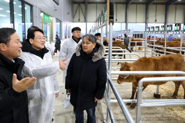 강진원 강진군수가 설 명절을 앞두고 가축시장을 방문해 한우 농가를 격려하고 의견을 청취했다사진강진군