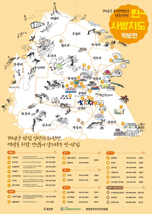 해남군 화원면 주민들이 직접 먹거리 즐길거리 포토존 체험거리가 있는 곳을 발굴하고 손으로 그려 지도를 만들었다사진해남군