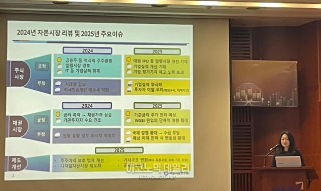 강소현 자본시장연구원 자본시장실장이 22일 서울 여의도 금융투자협회에서 열린  2025년 자본시장 전망과 주요 이슈 세미나에서 설명하고 있다 사진김광미 기자