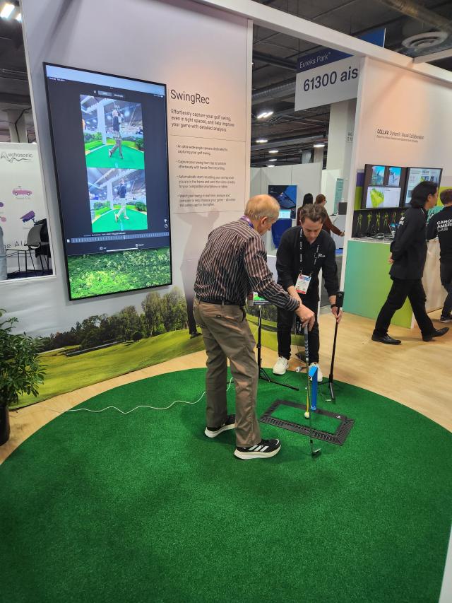 A visitor participates at a booth operated by SwingRec an AI-powered golf swing recording solution company at CES 2025 held in Las Vegas on Jan 7 AJP Park Sae-jin