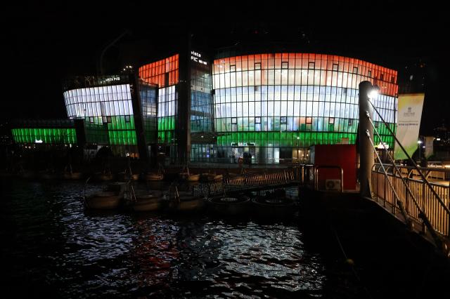 Sebit Island Seouls iconic event venue in Han River is lit up with three colors symbolizing the Indian flag on Jan 23 AJP Han Jun-gu